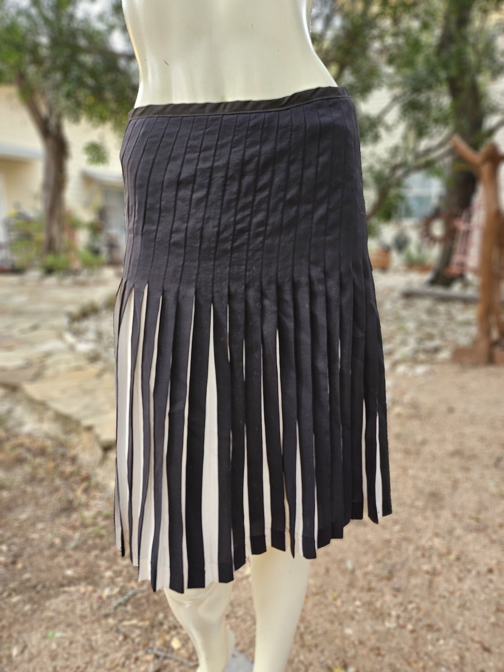 Luxury Handmade Women's Black & White Silk, Pleated Midi Skirt M